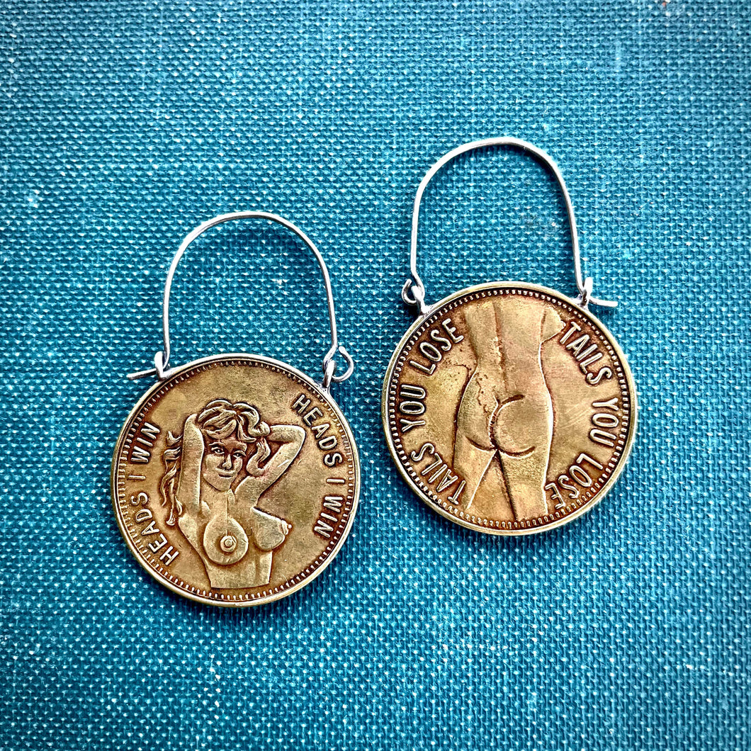 READY TO SHIP Peep Show Token Earrings, Busty Lady “Heads I Win / Tails You Lose”