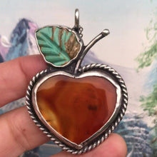 Load and play video in Gallery viewer, Beautiful Peach Pendant with Carnelian and Carved Turquoise on Sterling Chain

