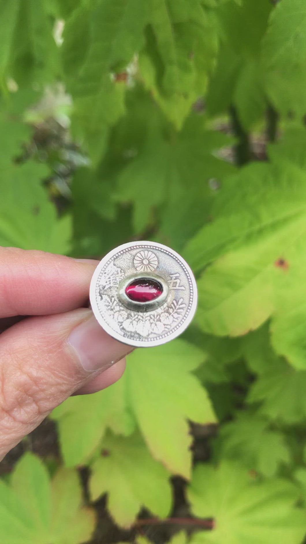 Garnet and Japanese Coin Ring