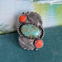 Load image into Gallery viewer, Stunning Turquoise and Carved Coral Roses Ring. Adjustable Size.
