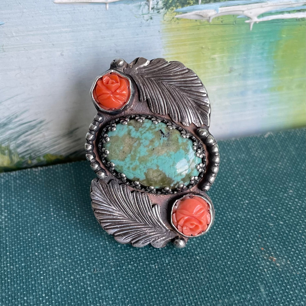 Stunning Turquoise and Carved Coral Roses Ring. Adjustable Size.