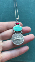 Load and play video in Gallery viewer, Roman Spintria Coin Pendant with Turquoise and Garnet on Sterling Silver Chain
