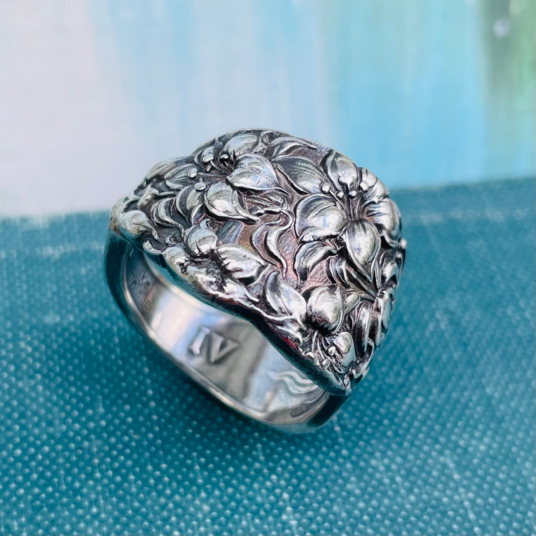 Floral Tiger Lily Spoon Ring w Letter “S” Engraved - One of a Kind