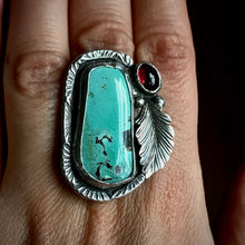 Load image into Gallery viewer, Stunning Turquoise and Garnet Statement Ring. Adjustable Size.
