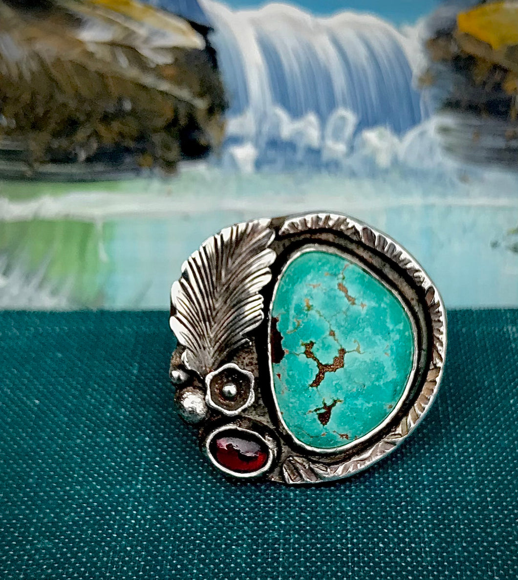 Epic Turquoise and Garnet Sterling Statement Ring. Adjustable Size.