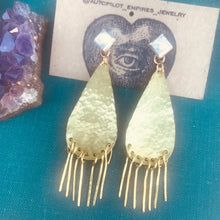 Load image into Gallery viewer, Hammered Brass Shoulder Duster Earrings with Quartz Pyramids and Sterling Silver Posts

