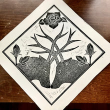 Load image into Gallery viewer, “Strife” Hand-Pressed Linocut Art Print by Autopilot Empires. Deer, Bucks, Roses.
