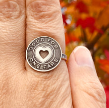 Load image into Gallery viewer, Adorable &quot;Good for One Fare&quot; Vintage Trolley Token Ring with Sterling Band. Adjustable Size.
