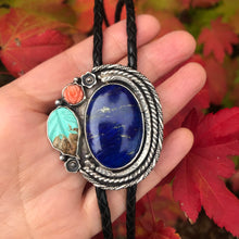 Load image into Gallery viewer, Amazing Bolo Tie in Sterling and Copper with Lapis Lazuli, Carved Turquoise and Vintage Coral
