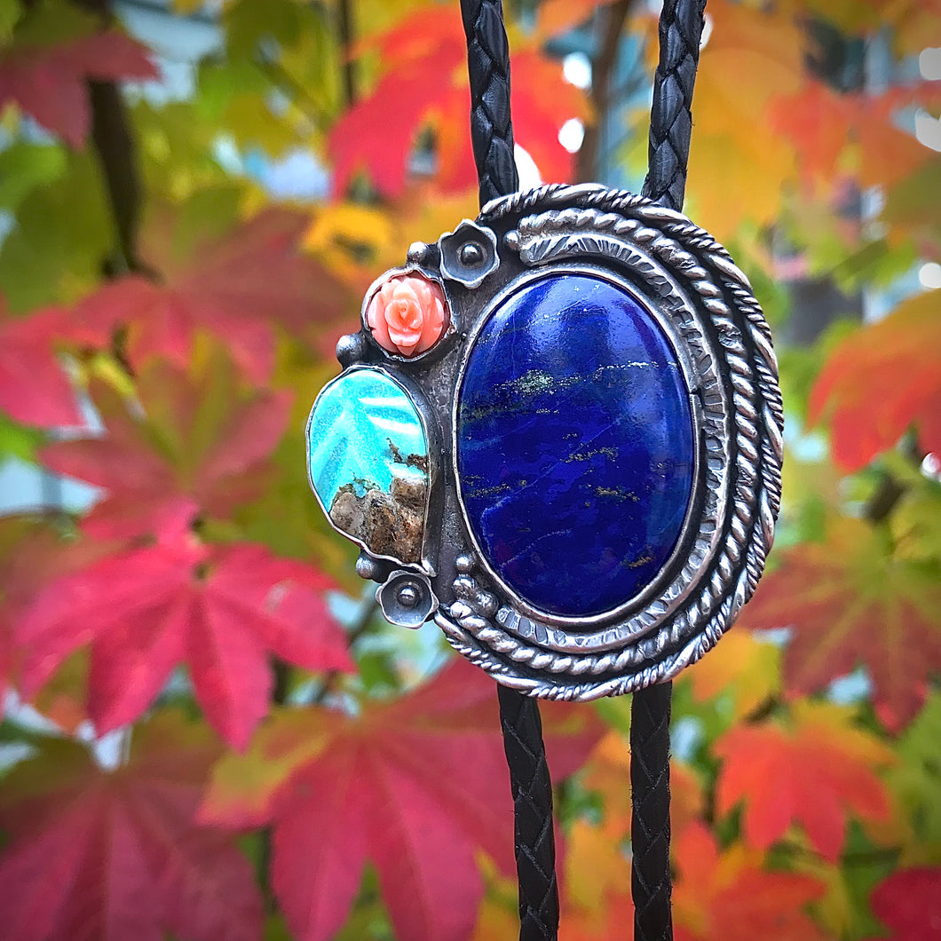 Amazing Bolo Tie in Sterling and Copper with Lapis Lazuli, Carved Turquoise and Vintage Coral