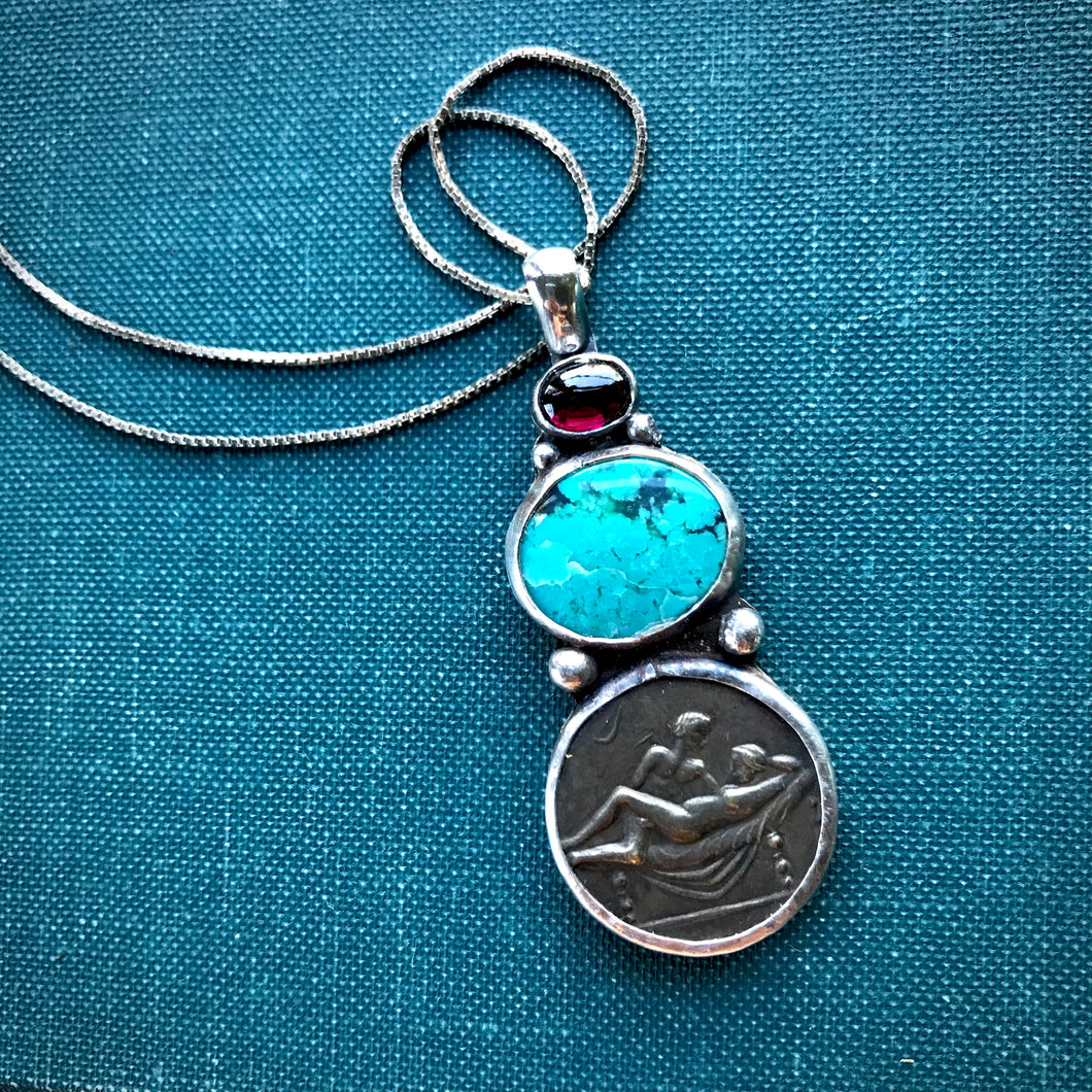 Roman Spintria Coin Pendant with Turquoise and Garnet on Sterling Silver Chain