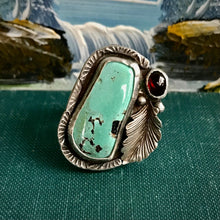 Load image into Gallery viewer, Stunning Turquoise and Garnet Statement Ring. Adjustable Size.
