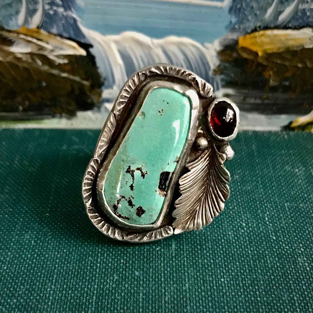 Stunning Turquoise and Garnet Statement Ring. Adjustable Size.