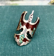 Load image into Gallery viewer, Awesome Vintage Thunderbird Ring in Sterling with Crushed Turquoise. Size 6.
