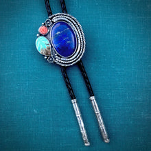 Load image into Gallery viewer, Amazing Bolo Tie in Sterling and Copper with Lapis Lazuli, Carved Turquoise and Vintage Coral
