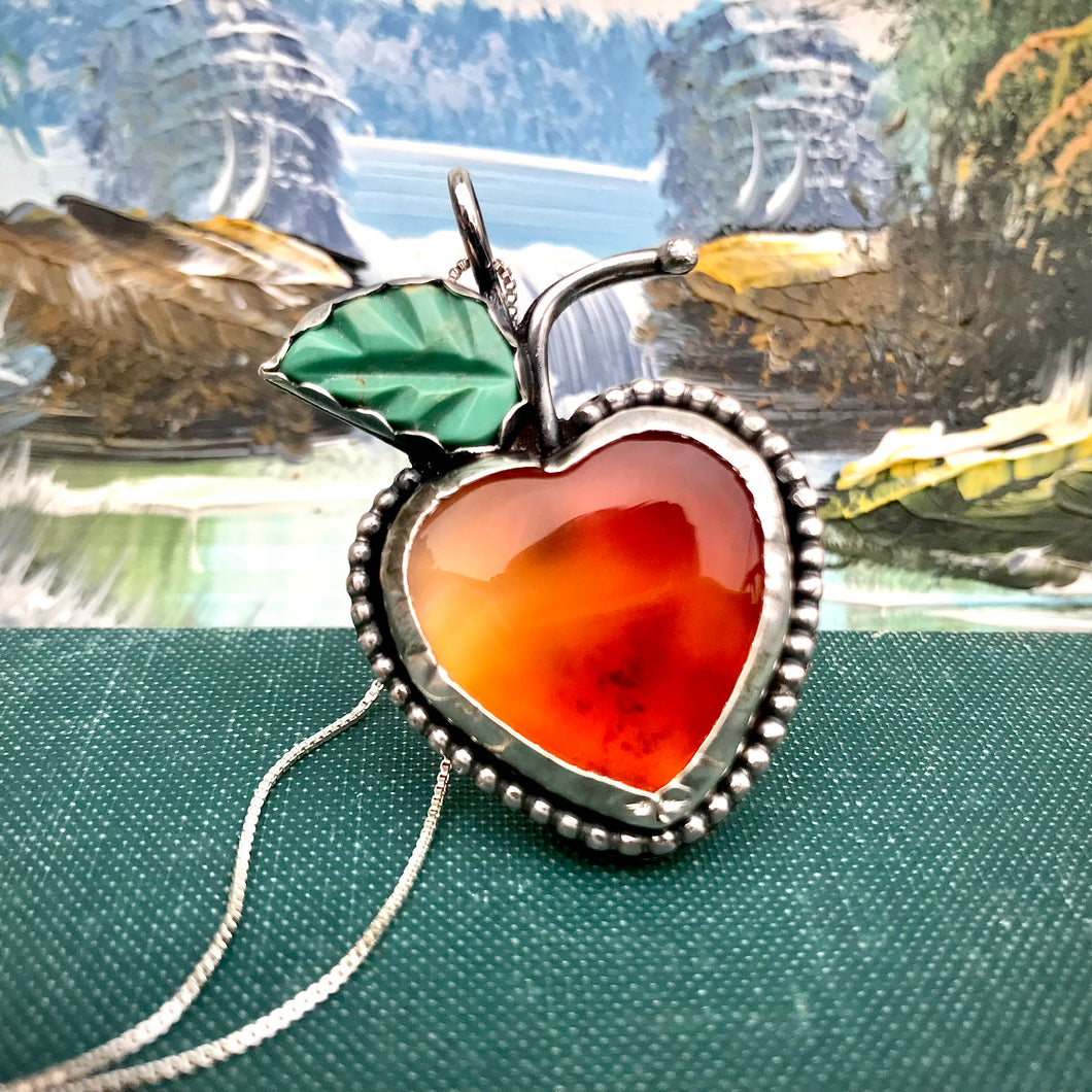Beautiful Peach Pendant with Carnelian and Carved Turquoise on Sterling Chain
