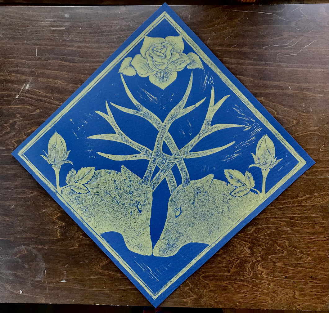 “Strife” Hand-Pressed Linocut Art Print by Autopilot Empires. Deer, Bucks, Roses.
