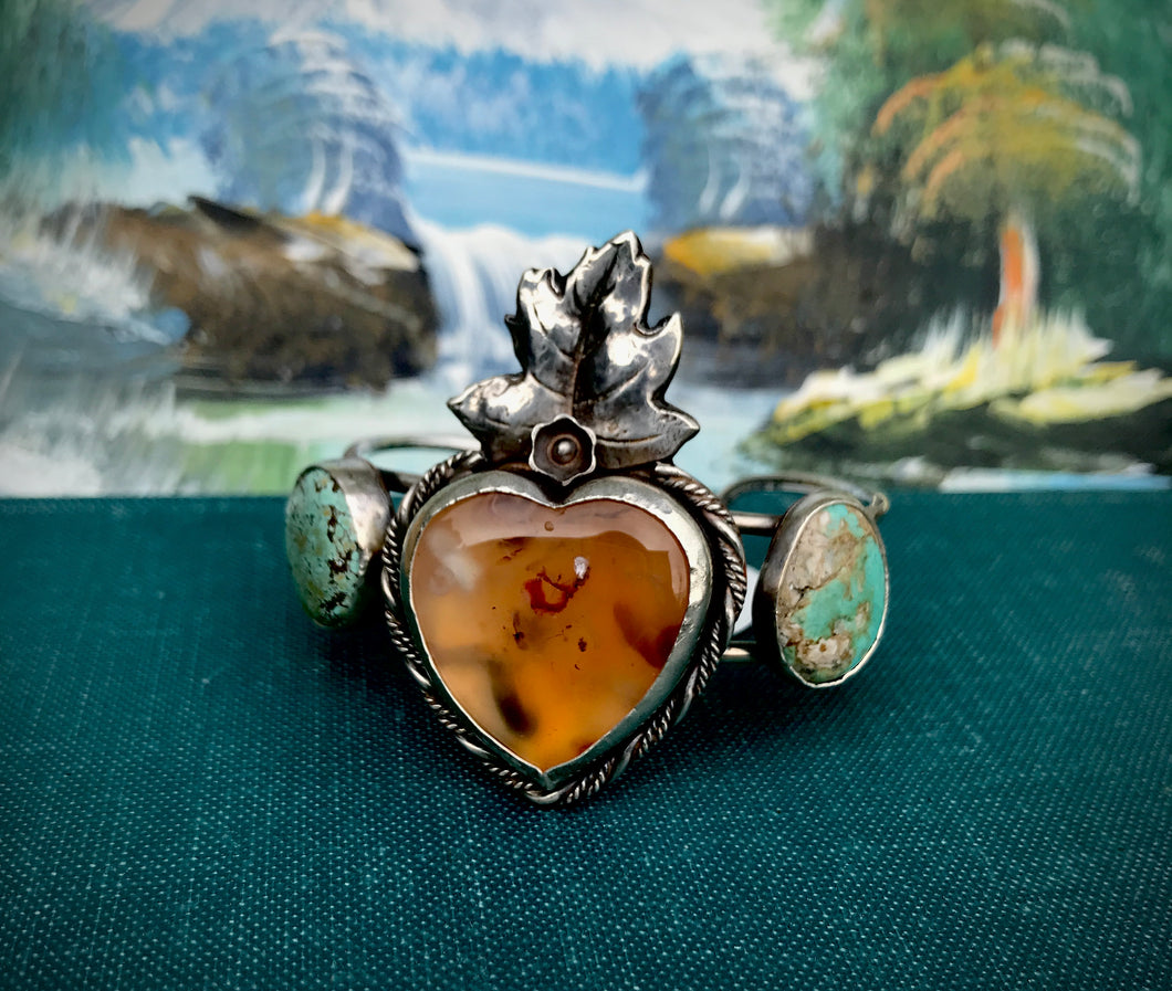 Sacred Peach Cuff Bracelet in Sterling, Copper. Agate and Turquoise.