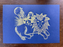 Load image into Gallery viewer, “Protectors” Hand-Pressed Linocut Art Print by Autopilot Empires. Lion, Woman and Moon.
