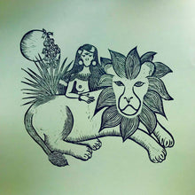Load image into Gallery viewer, “Protectors” Hand-Pressed Linocut Art Print by Autopilot Empires. Lion, Woman and Moon.
