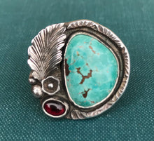 Load image into Gallery viewer, Epic Turquoise and Garnet Sterling Statement Ring. Adjustable Size.
