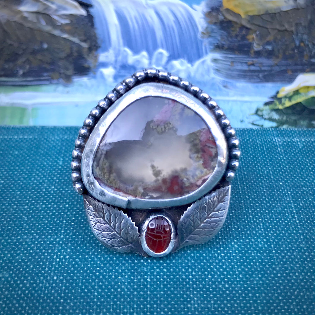 Amazing Moss Agate Statement Ring with Vintage Carnelian Scarab. Size 7.25-7.5.