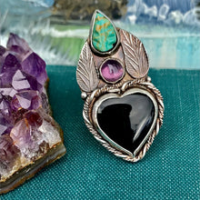 Load image into Gallery viewer, Dark Heart: Onyx, Purple Sapphire and Carved Turquoise Statement Ring. Adjustable Size
