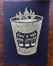 Load image into Gallery viewer, “Time is Not Your Enemy” Hand-Pressed Linocut Art Print by Autopilot Empires.  Classic Anthora Greek Coffee Cup
