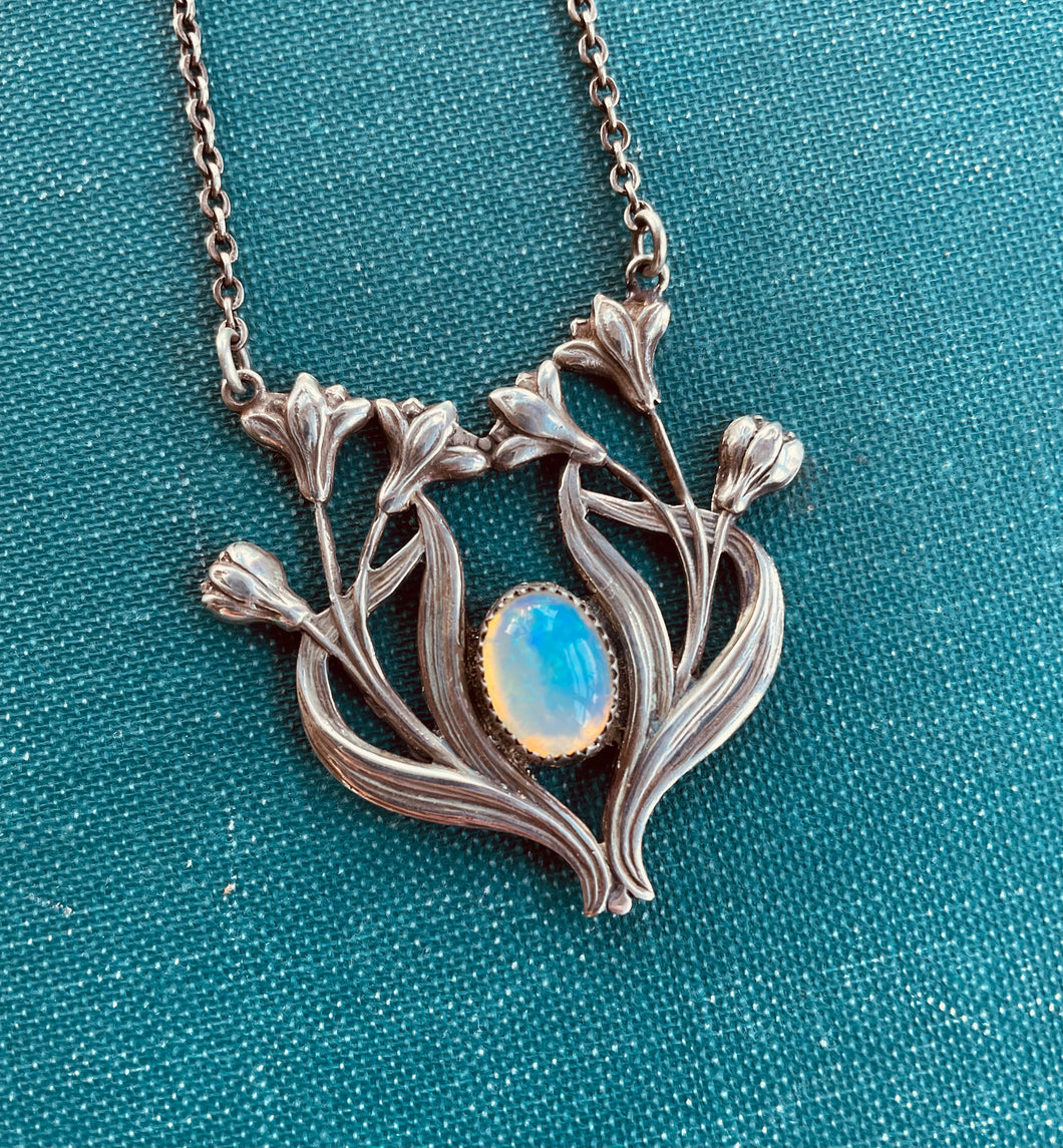 Art Nouveau Necklace in Sterling Silver with Ethiopian Fire Opal