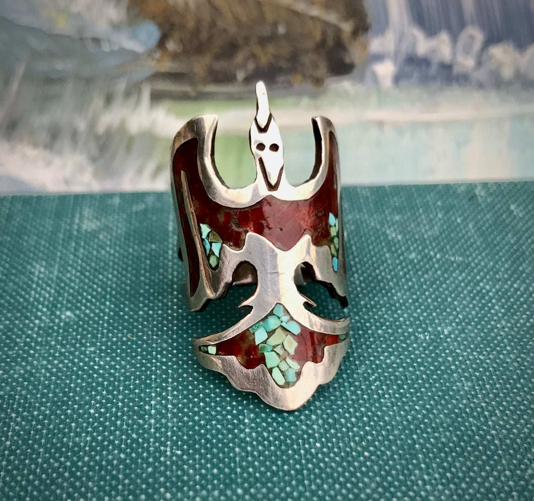 Awesome Vintage Thunderbird Ring in Sterling with Crushed Turquoise. Size 6.