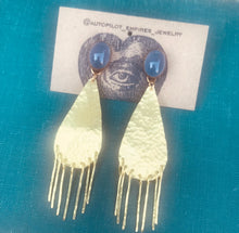 Load image into Gallery viewer, Hammered Brass Shoulder Duster Earrings With Blue Chalcedony and Sterling Silver Posts
