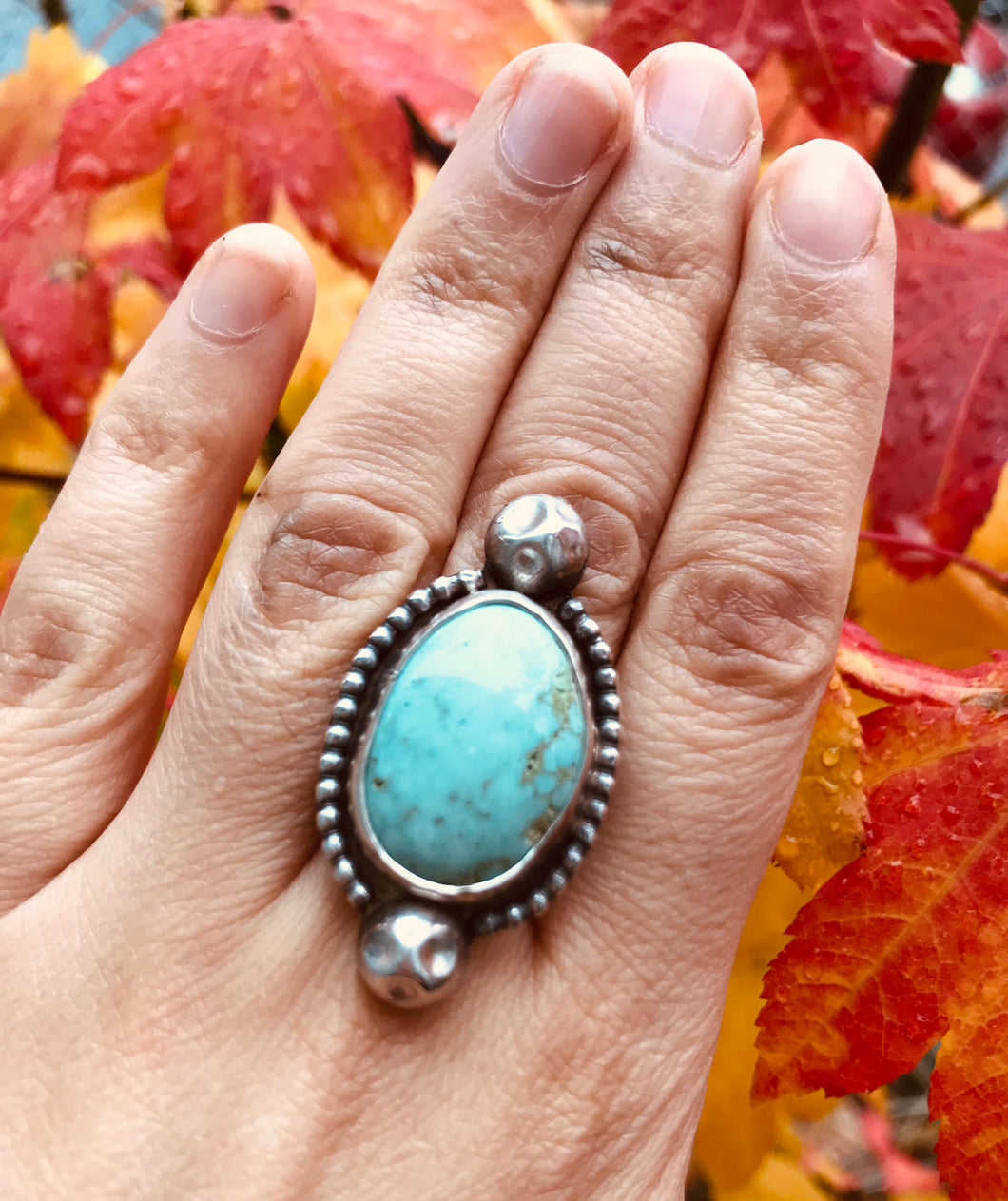 Turquoise Ring with Silver Pebbles - Adjustable Size